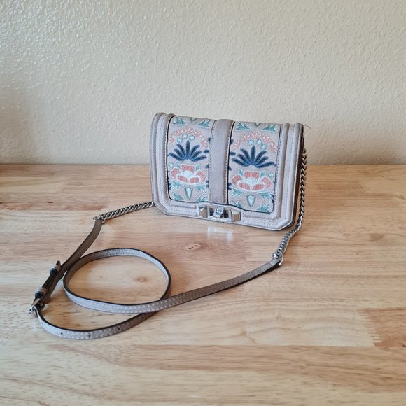 Rebecca Minkoff Small Love Embroidered Nubuck Crossbody Bag Neutral Taupe - Picture 4 of 9